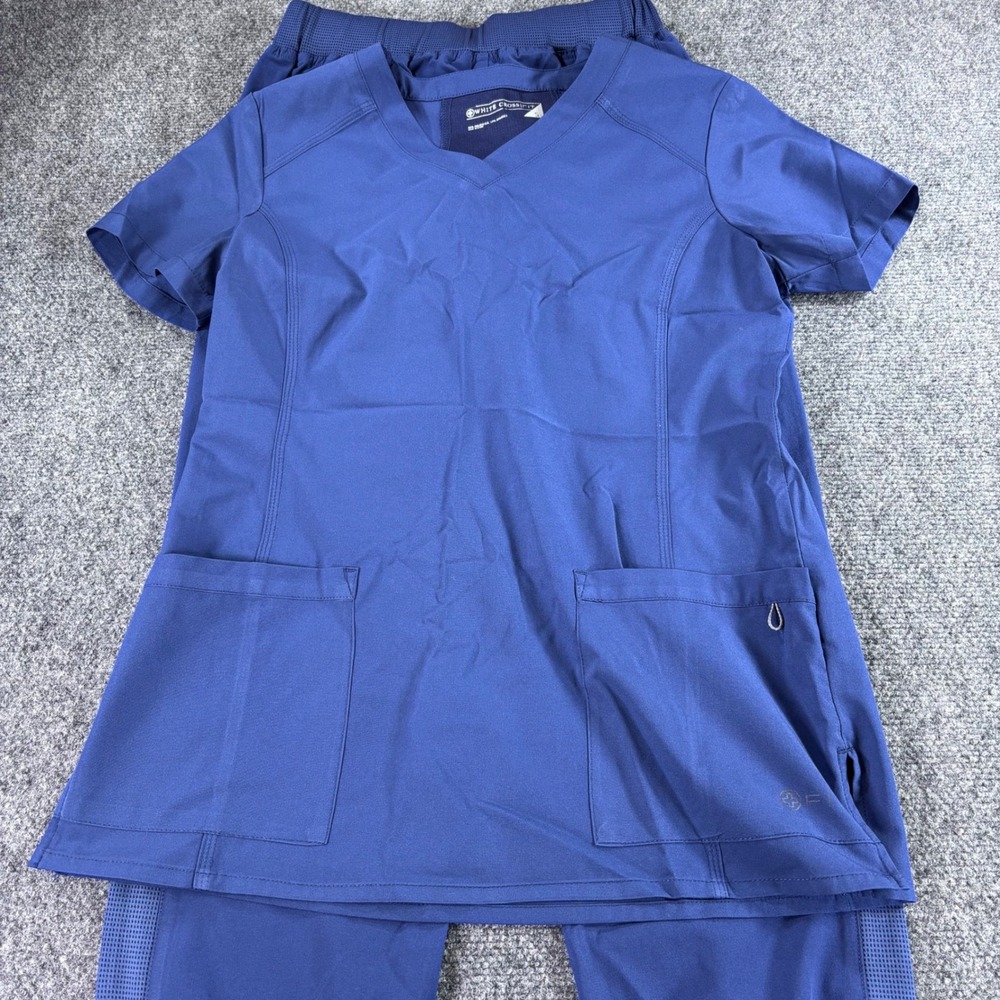 White Cross FIT Scrub Set Womens Small Blue V-Neck Top Jogger Pants Mesh Stretch